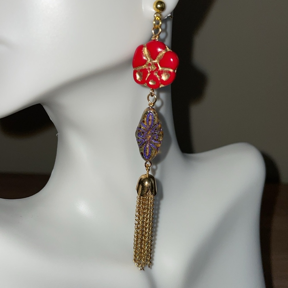 HAND CRAFTED PIERCED EARRINGS BOHO CZECH GLASS BEADS RED PURPLE GOLD TASSELS